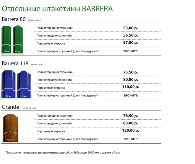 Заборы прайс лист без материала